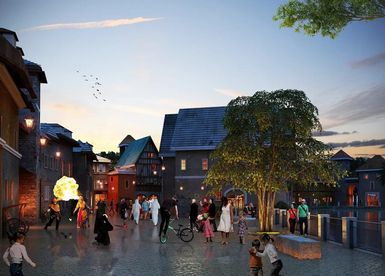 ภาพจำลองบรรยากาศ French Village ของ Riverland จากผู้พัฒนา ปี 2559 ไม่ใช่ภาพถ่ายจริง ภาพจาก Wikimedia Commons ผู้ถ่าย DPR 2016 สัญญา CC BY-SA 4.0