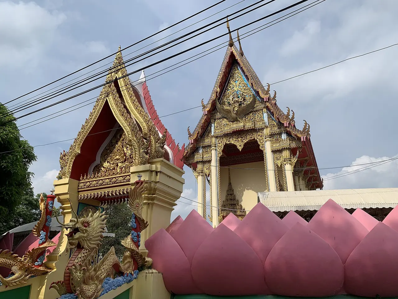 อุโบสถวัดม่วงที่ล้อมด้วยกลีบบัวสีชมพูขนาดใหญ่