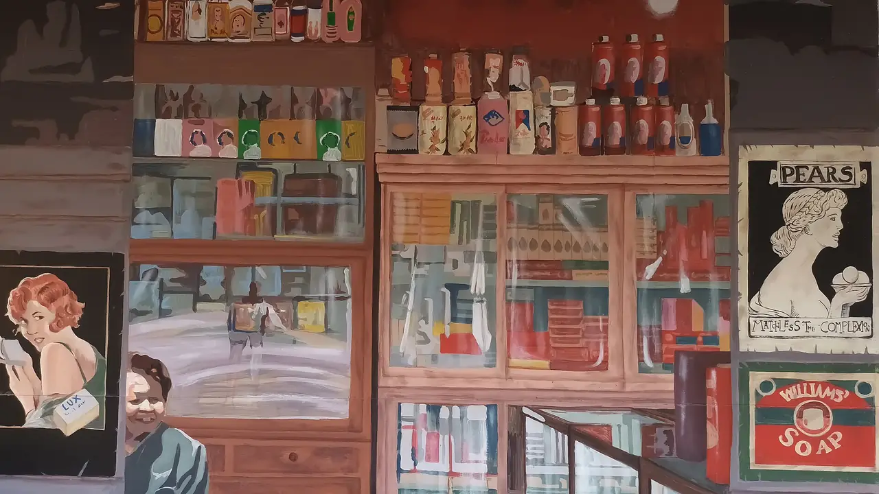 Vintage shop mural painted on a warehouse wall at Asiatique