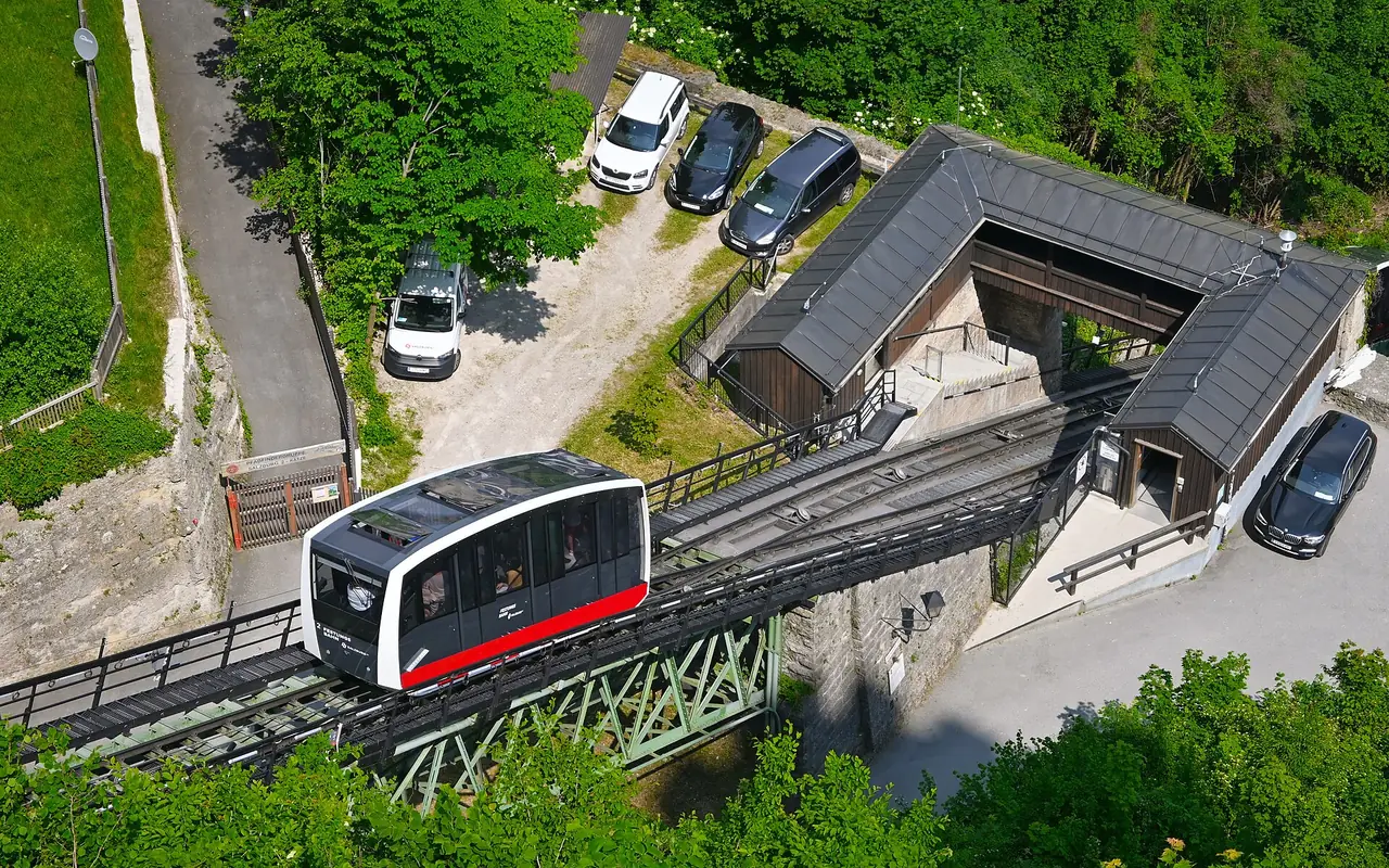 รถรางขึ้นป้อมโฮเฮนซาลซ์บูร์ก (Festungsbahn) ภาพถ่ายจาก Wikimedia Commons