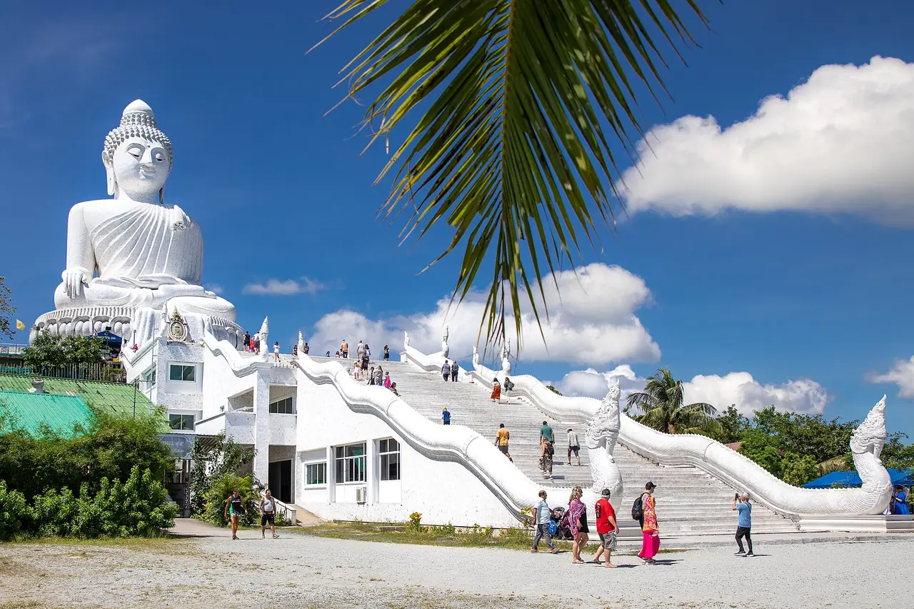 The Big Buddha of Phuket and its white staircase flanked by naga balustrades