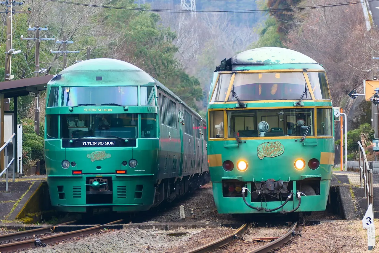 รถไฟ Yufuin no Mori สองขบวนที่สถานี (ภาพขบวนรถ)