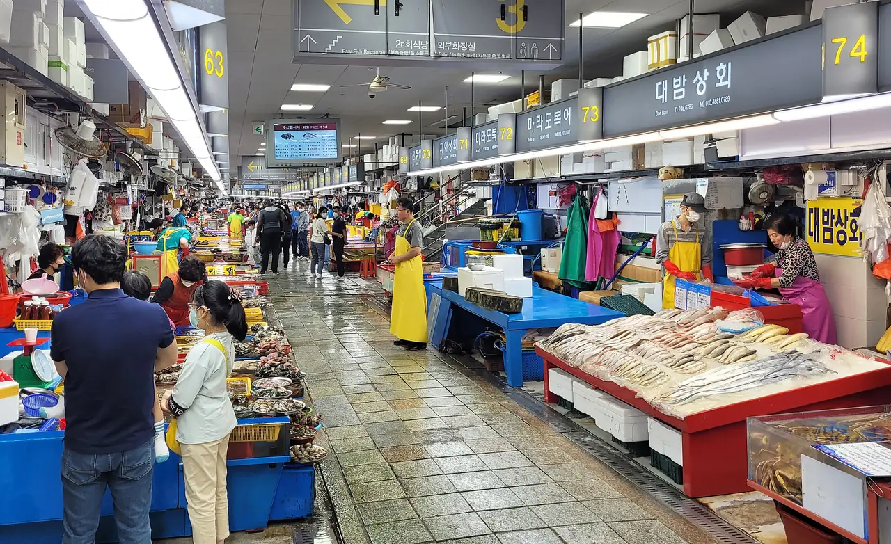 ทางเดินในตลาดปลาจากัลชี มีแผงขายปลาและอาหารทะเลสองข้างทาง