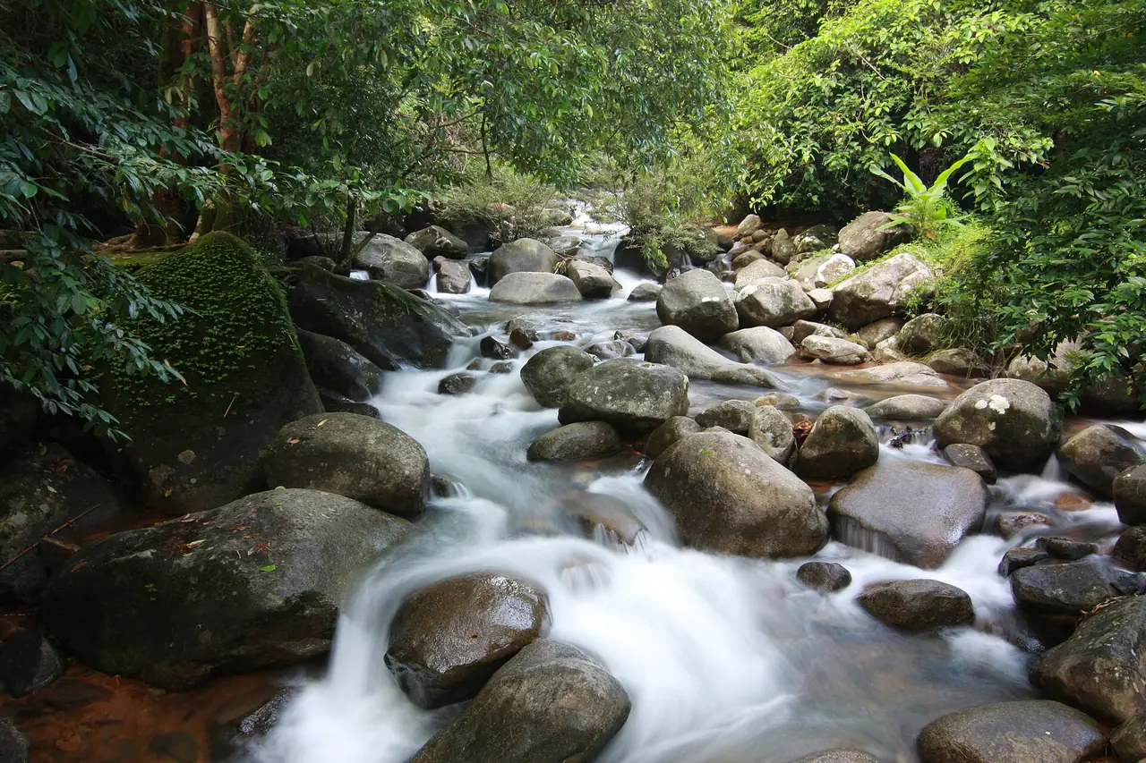 A stream running over boulders at the Phliu waterfall entrance