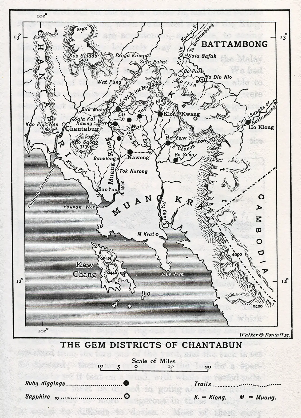 แผนที่เขตเหมืองพลอยของจันทบุรีปี 1898 โดย Herbert Warington Smyth ภาพสาธารณสมบัติจาก Wikimedia Commons ภาพประวัติศาสตร์ ไม่ใช่แผนที่ตลาดปัจจุบัน