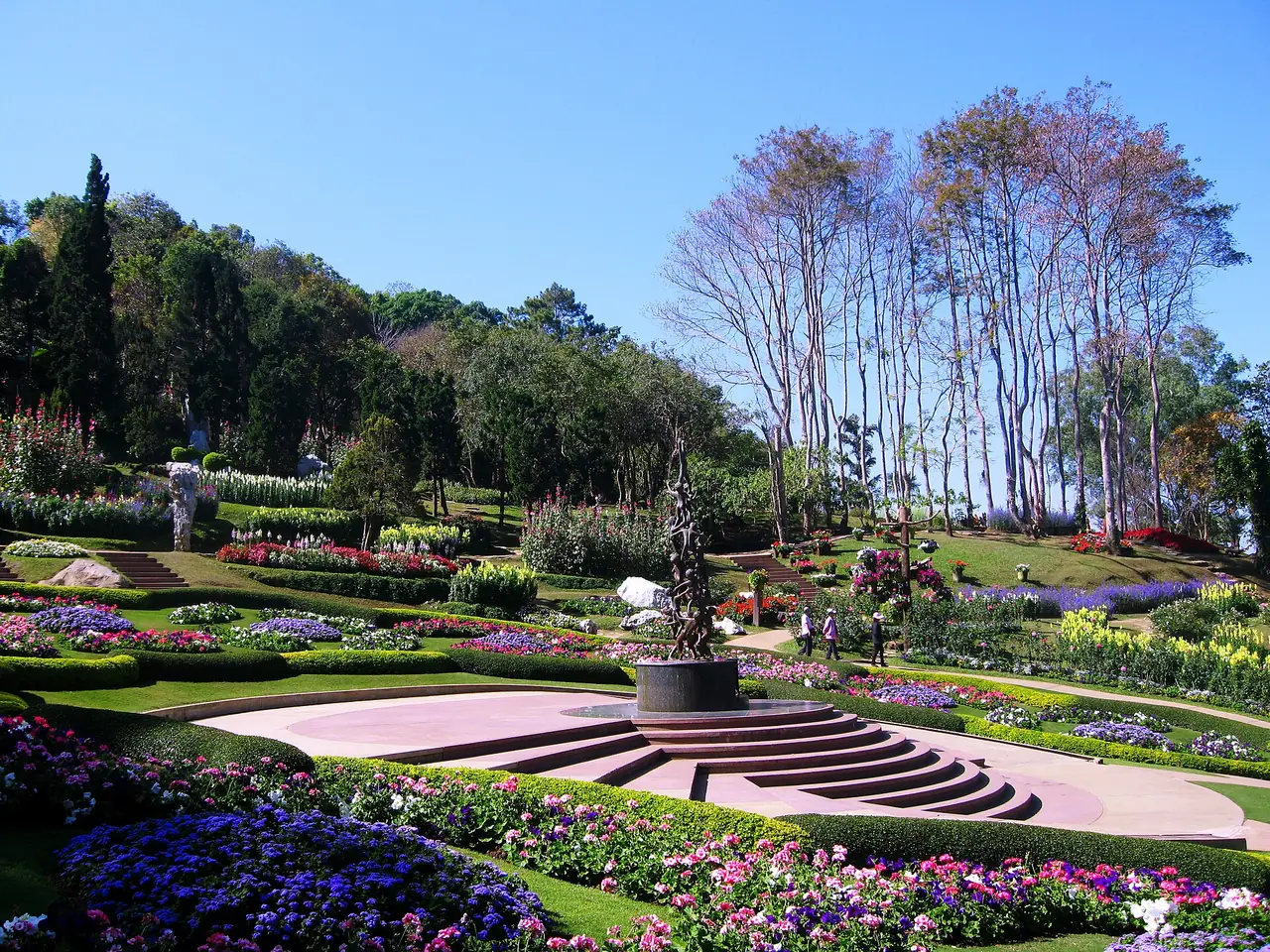แปลงดอกไม้และลานหินในสวนบริเวณพระตำหนักดอยตุง ภาพถ่ายจาก Wikimedia Commons (ผู้ใช้ UT จากชุดภาพ panoramio) ภาพประกอบ ไม่ระบุเดือนที่ถ่าย