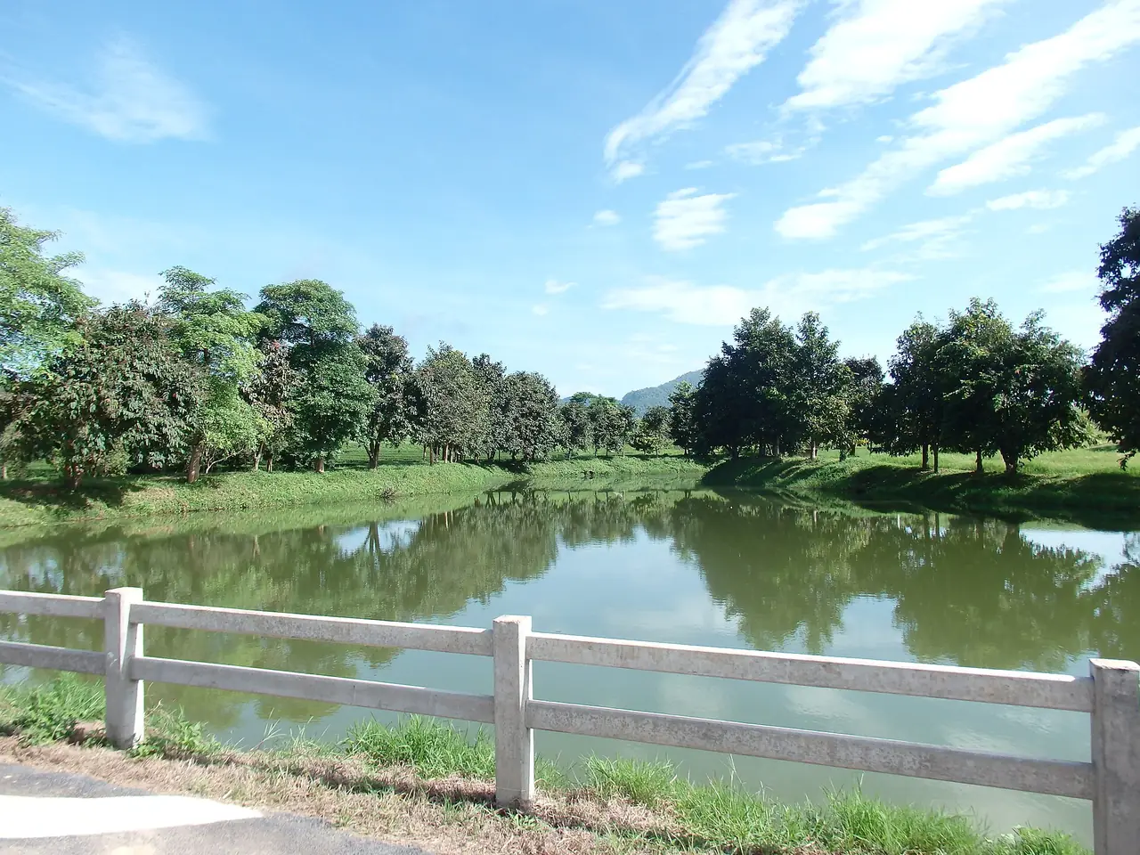 บ่อน้ำและสนามหญ้าริมรั้วในย่านตำบลแม่กรณ์ ภาพถ่ายจาก Wikimedia Commons (mohigan จากชุดภาพ panoramio) คำอธิบายภาพไม่ระบุว่าเป็นสิงห์ปาร์ค ภาพประกอบ
