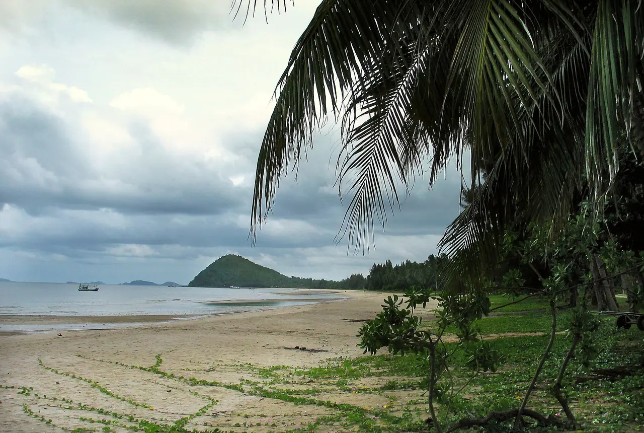 หาดทุ่งวัวแล่นช่วงเงียบ มีต้นมะพร้าว พุ่มไม้ และเนินป่าอยู่ปลายหาด