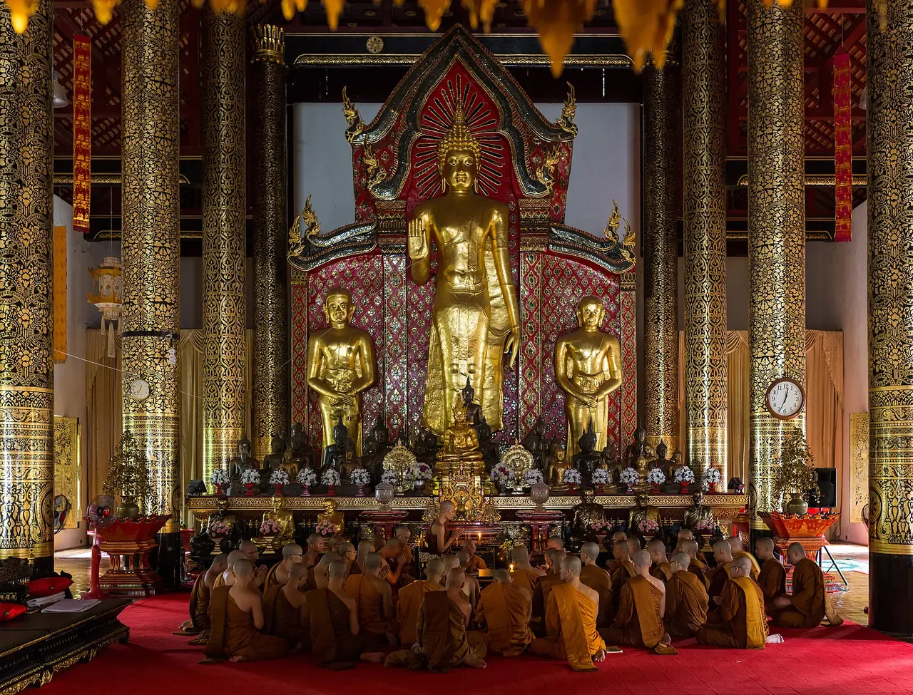 Monks chanting in the assembly hall east of the chedi, Wat Chedi Luang