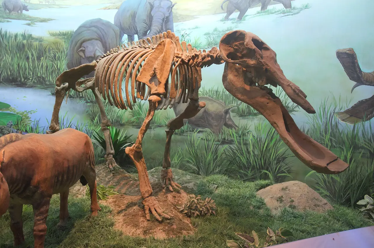 โครงกระดูกสัตว์โบราณ Platybelodon grangeri ยุคไมโอซีนที่จัดแสดงในพิพิธภัณฑ์มองโกเลียใน ภาพจาก Wikimedia Commons ผู้ถ่าย Popolon สัญญา CC BY-SA 4.0 ไม่ระบุปีที่ถ่าย