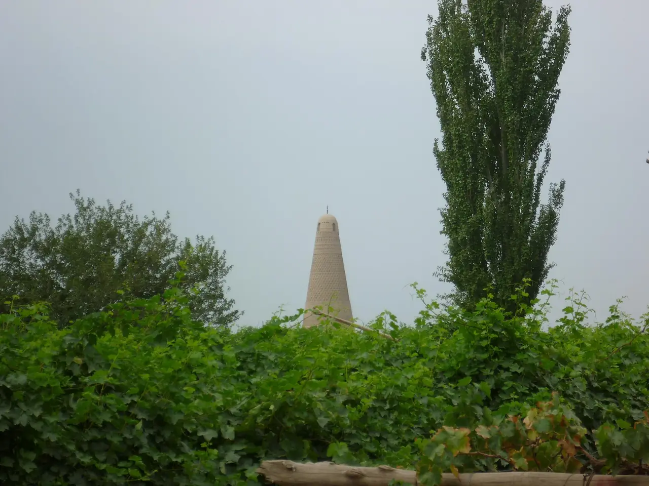 หออะซานซูกง (Emin Minaret) ท่ามกลางไร่องุ่น ภาพจาก Wikimedia Commons ผู้ถ่าย Radosław Botev สัญญา CC BY 3.0 pl ไม่ระบุปีที่ถ่ายและตัวหออะซานเป็นเงาไกล ๆ ในภาพ