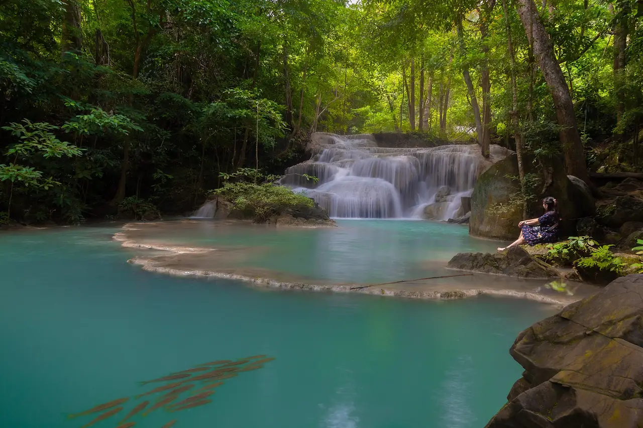 The first tier of Erawan Waterfall in Erawan National Park