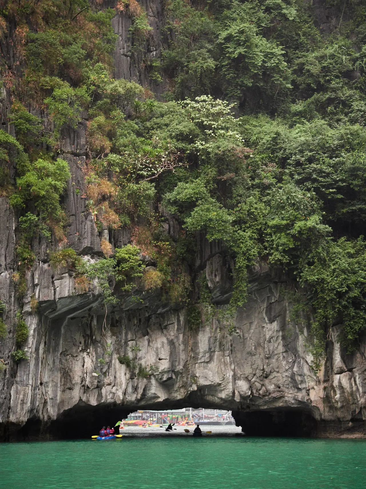 นักพายเรือคายัคลอดผ่านถ้ำทะเลที่ฐานเกาะหินปูน