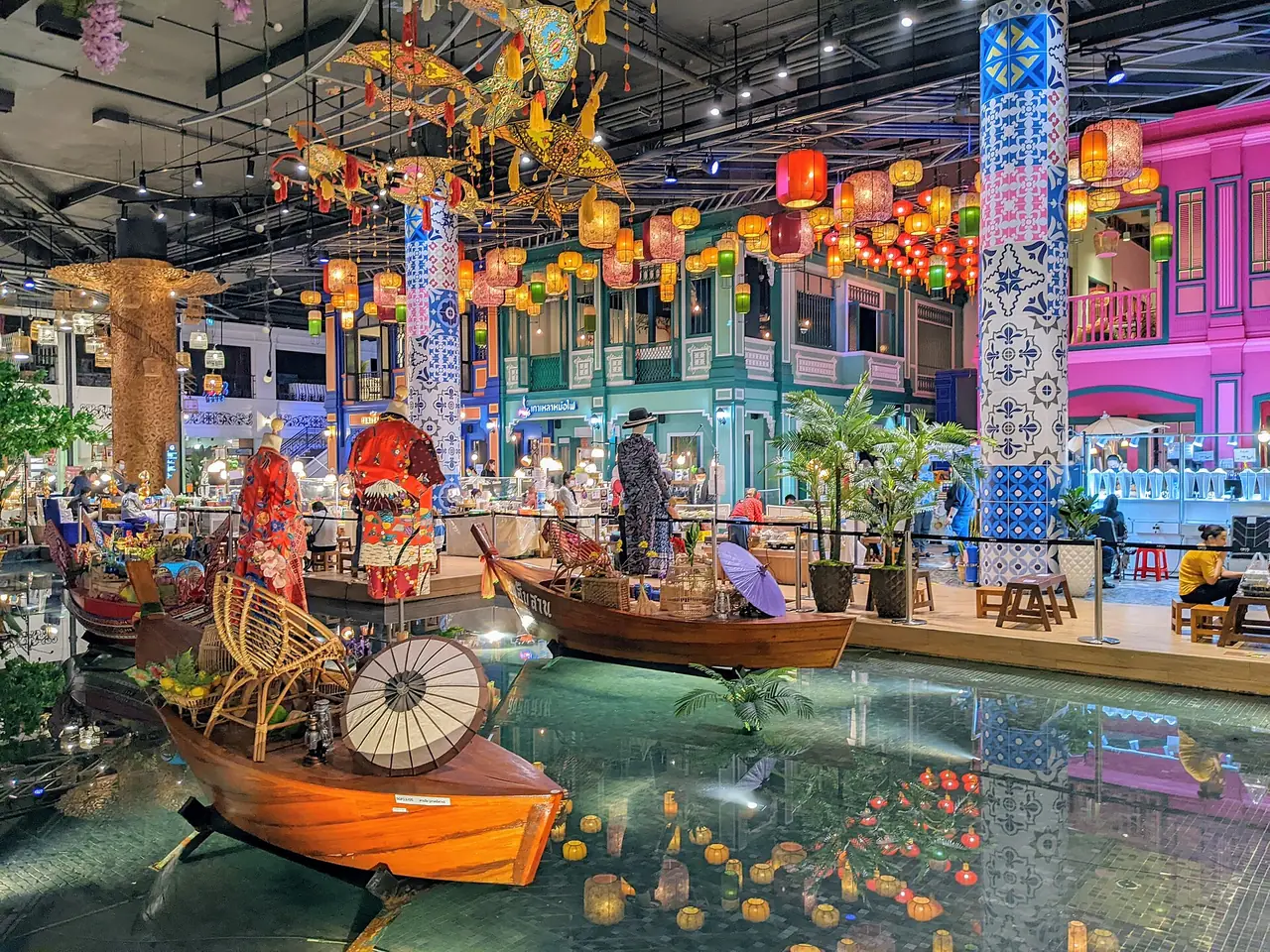 Boats and lanterns in the SookSiam indoor floating market, ICONSIAM