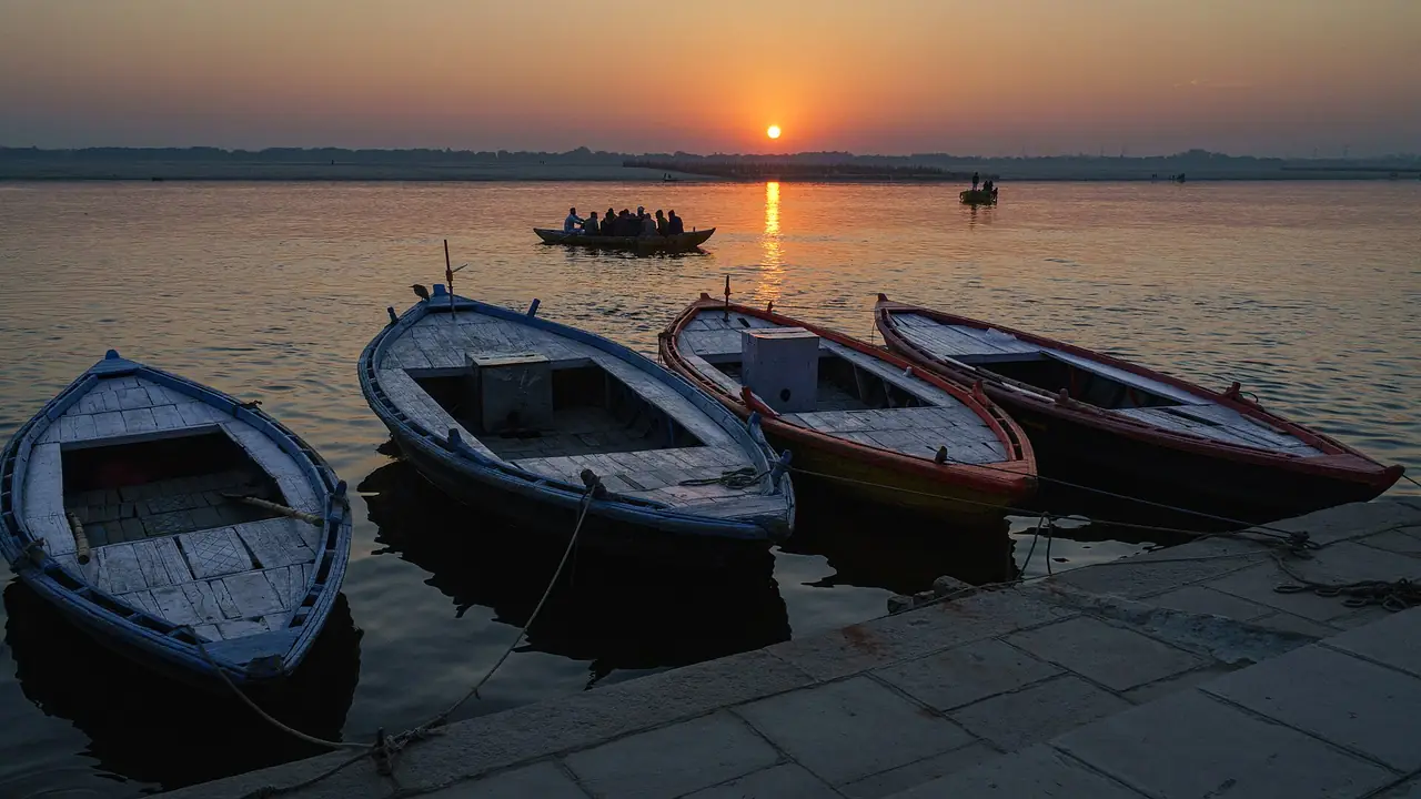 เรือไม้จอดริมท่าน้ำพาราณสีตอนพระอาทิตย์ขึ้น ภาพจาก Wikimedia Commons ผู้ถ่าย Schwiki สัญญา CC BY-SA 4.0