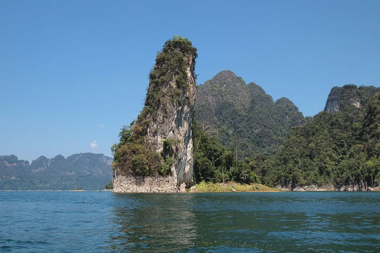 Limestone karst formations rising out of Cheow Lan Lake, Khao Sok National Park