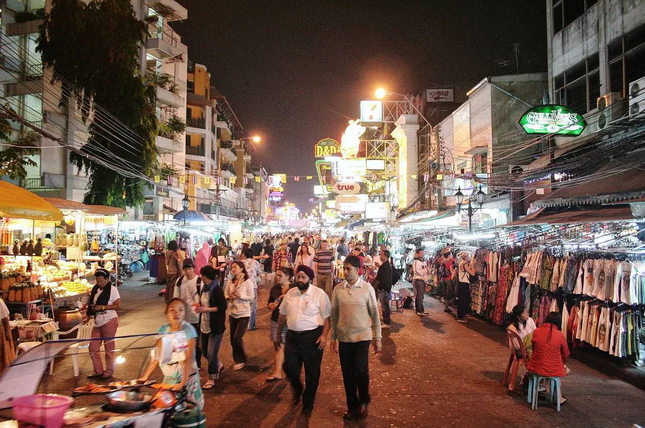 Khao San Road at night, crowded with stalls and visitors, Bangkok