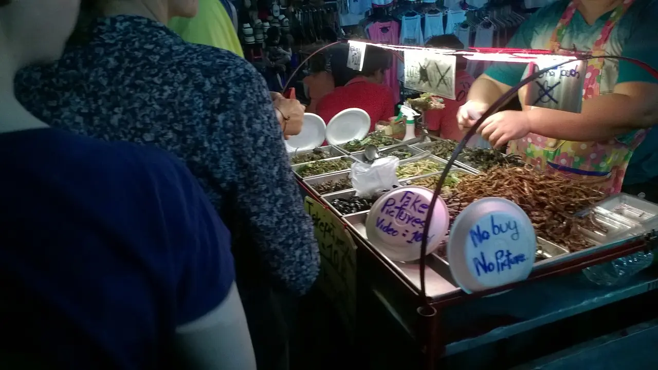A street-food stall on Khao San Road selling fried insects, with a sign asking visitors to buy before taking photos