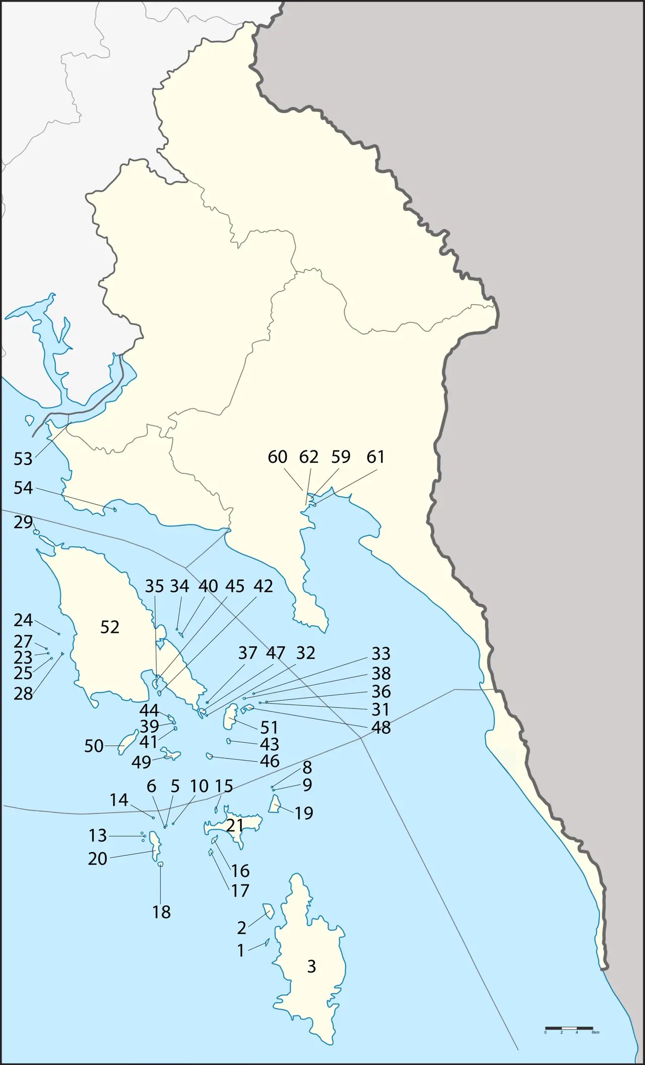 แผนที่หมู่เกาะในจังหวัดตราด แบ่งเป็นเกาะกูด (หมายเลข 1-3) เกาะหมาก (4-21) และเกาะช้าง (22-52) ตามคำบรรยายภาพบน Commons ใช้ดูตำแหน่งเปรียบเทียบเท่านั้น ภาพของ Nix Sunyata จาก Wikimedia Commons