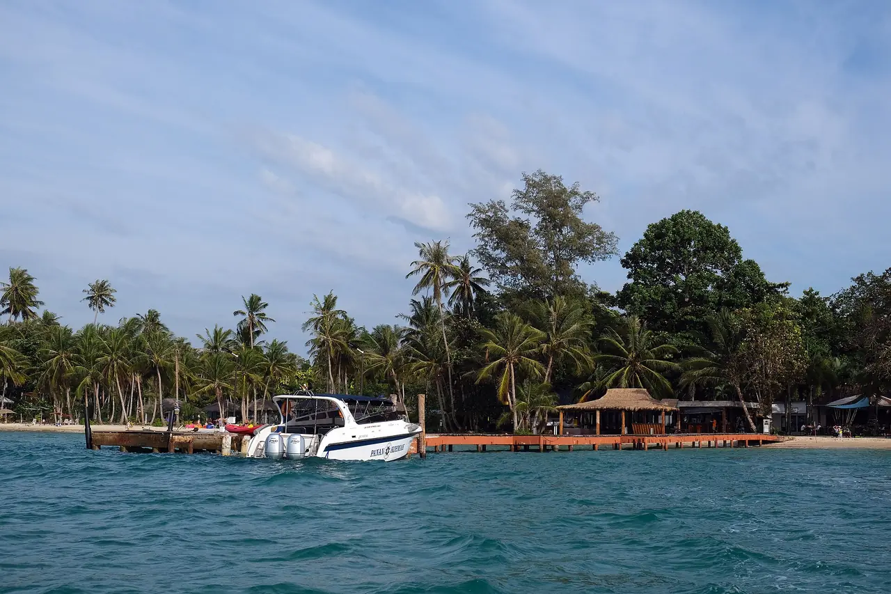 Speedboat moored at a pier on Koh Mak