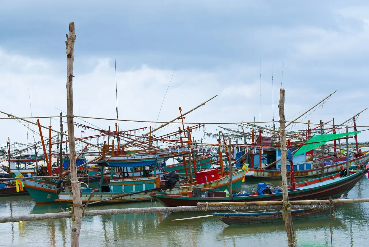 เรือประมงและอ่าวฉลองหลำ เกาะพะงัน ภาพถ่ายจาก Wikimedia Commons ปีที่ถ่ายไม่ระบุ