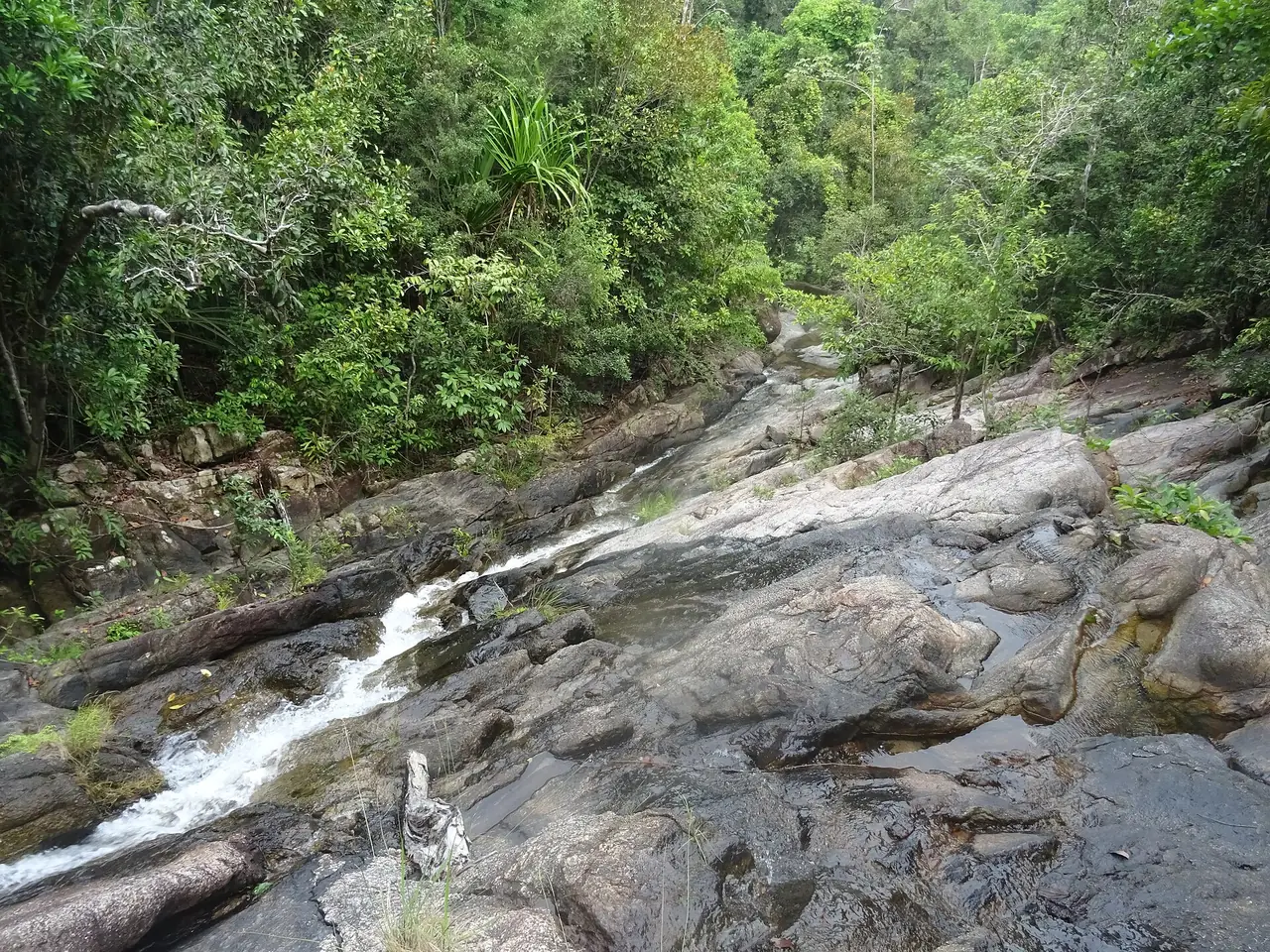 ธารน้ำไหลลงโขดหินที่น้ำตกแพรง ในอุทยานแห่งชาติธารเสด็จ-เกาะพะงัน ภาพถ่ายจาก Wikimedia Commons