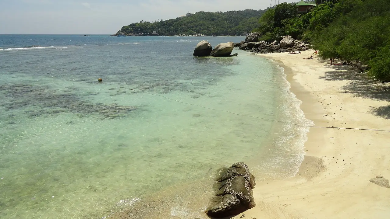 หาดฟรีดอม เกาะเต่า น้ำใสตื้นและก้อนหินปลายหาด ภาพของ Fabio Achilli จาก Wikimedia Commons