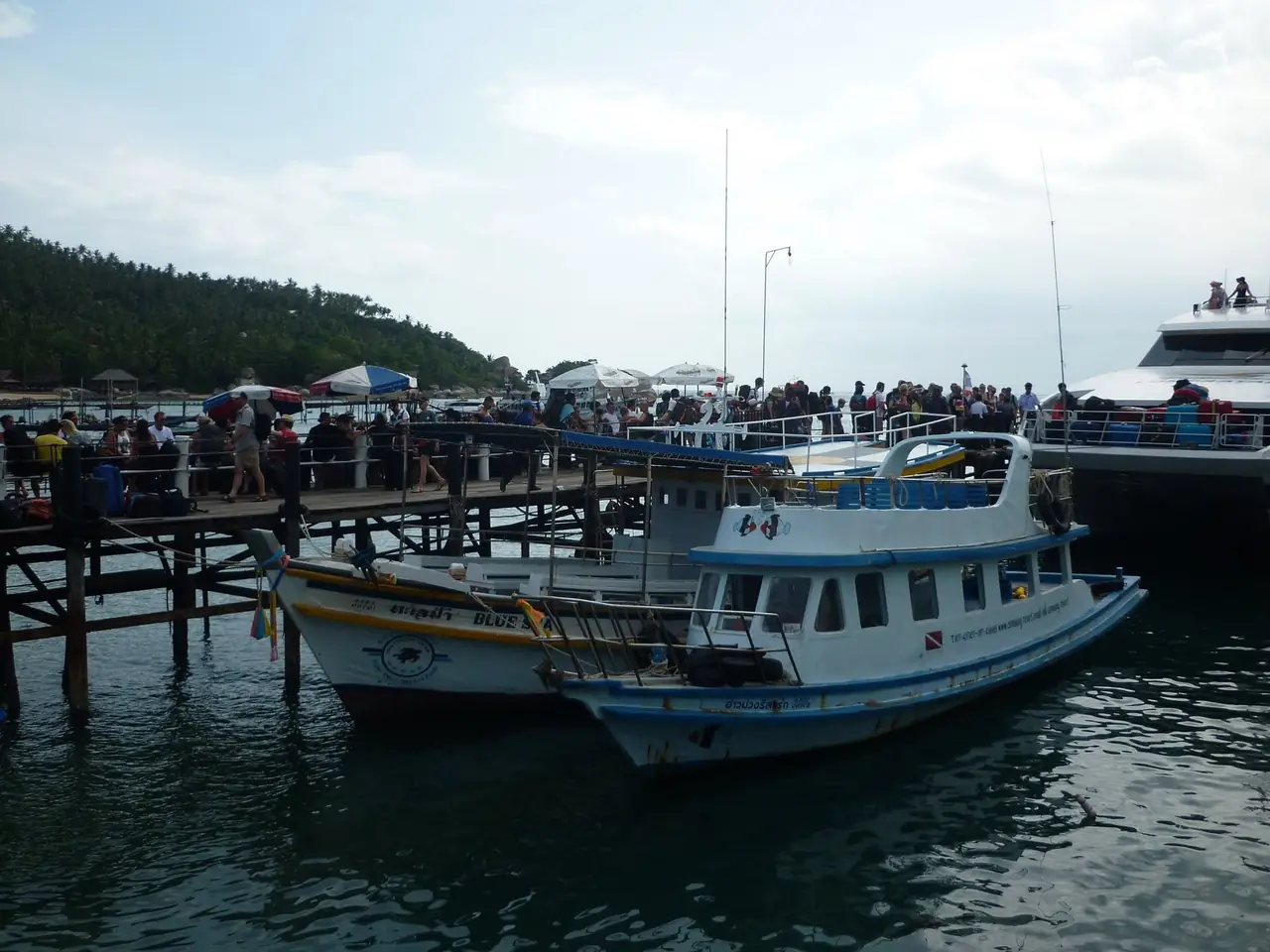 ท่าเรือเกาะเต่าที่มีผู้โดยสารรอและเรือหลายลำจอด ภาพของ Dirk Enthoven จาก Wikimedia Commons ไม่ได้ระบุปีที่ถ่าย