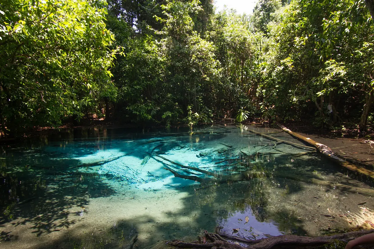 สระน้ำสีฟ้าอีกมุมหนึ่ง น้ำใสเห็นก้นสระ ภาพถ่ายจาก Wikimedia Commons