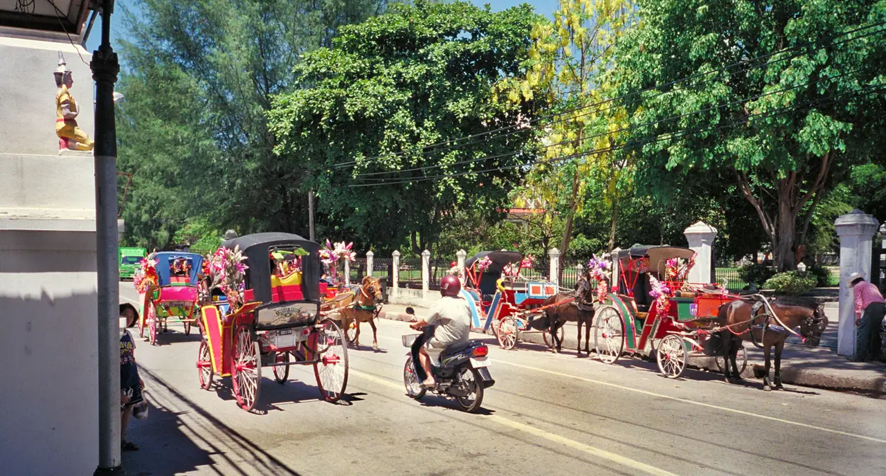 รถม้าจอดรอบนถนนในเมืองลำปาง