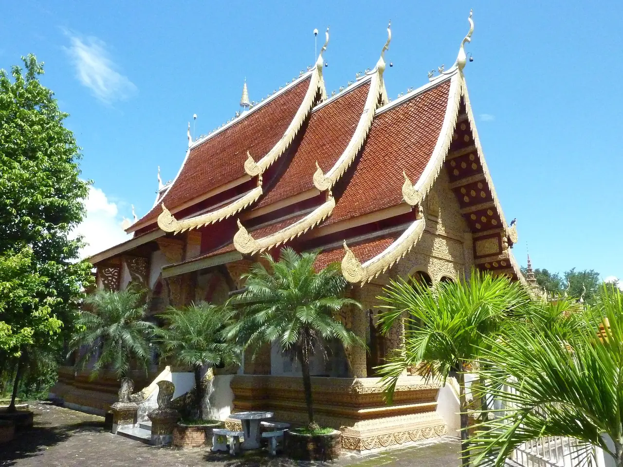 วิหารเล็กหลังคาแดงซ้อนชั้นที่วัดพระพุทธบาทตากผ้า ภาพของ Photo Dharma จาก Wikimedia Commons ตามชื่อไฟล์