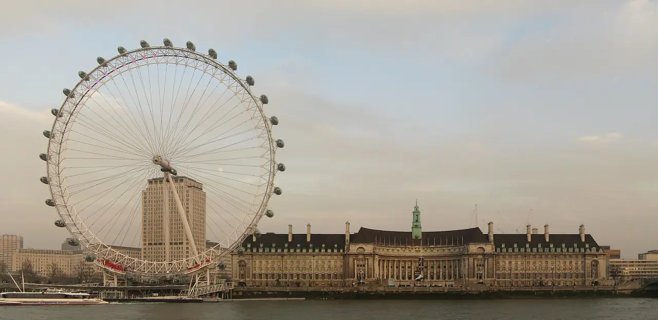 London Eye และอาคาร County Hall ริมแม่น้ำเทมส์ ภาพถ่ายจาก Wikimedia Commons