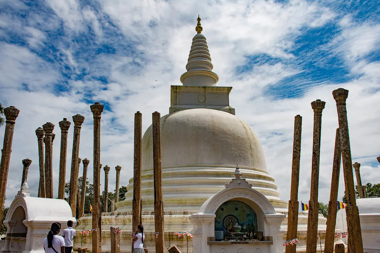 ถูปารามะ สถูปสีขาวล้อมด้วยเสาหินแกะลาย ภาพจาก Wikimedia Commons ผู้ถ่าย Exploreslk สัญญา CC BY-SA 4.0