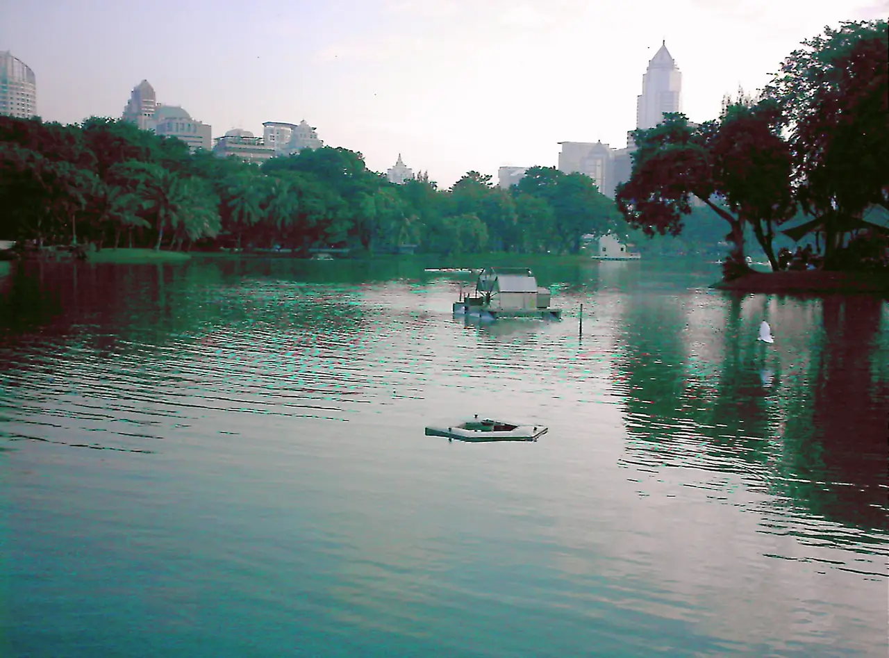 บึงน้ำสวนลุมพินีและตึกสูงด้านหลัง กรุงเทพ