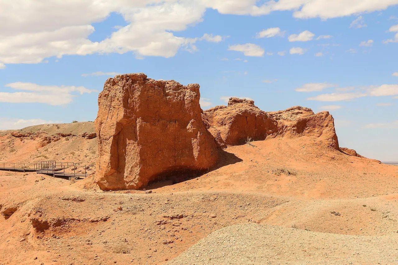 หน้าผาแดงบายันซักในทะเลทรายโกบี ภาพถ่ายจาก Wikimedia Commons