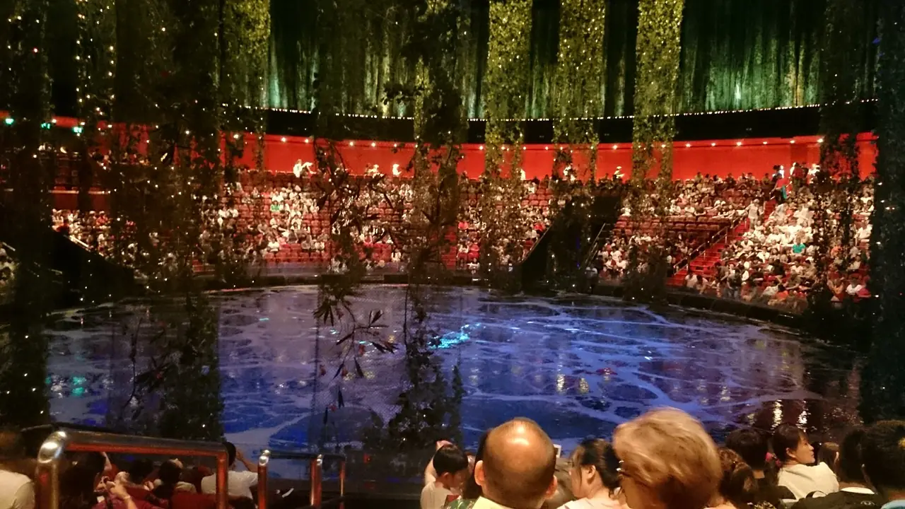 ภายในโรงละคร Dancing Water Theater เห็นเวทีสระน้ำกลางโรงและม่านไม้เลื้อยเหนือเวที ภาพจาก Wikimedia Commons ผู้ถ่าย Solomon203 ปี 2561 สัญญา CC BY-SA 4.0 เป็นภาพของโชว์ชุดเดิมก่อนปรับใหม่ปี 2568