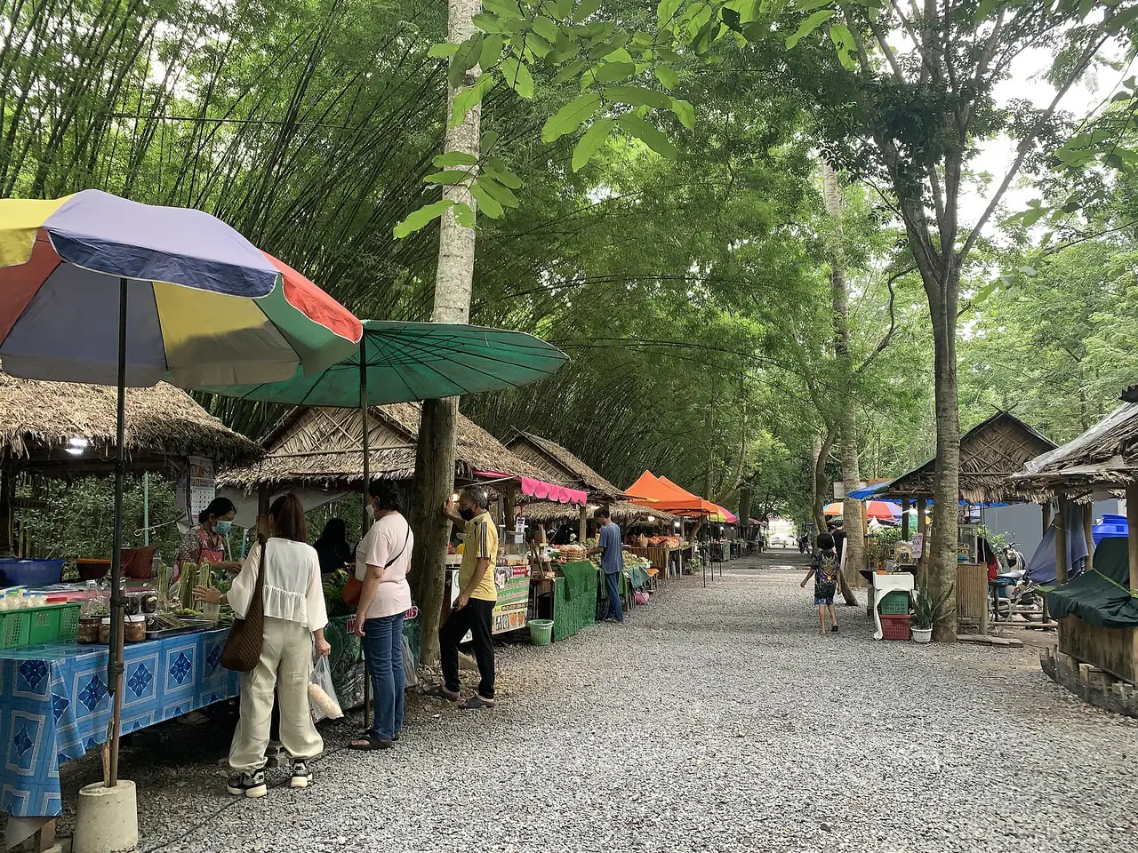 ตลาดหน้าวัดจุฬาภรณ์วนาราม บ้านพริก อำเภอบ้านนา ถ่ายเดือนสิงหาคม 2566 ภาพของ Chainwit. จาก Wikimedia Commons ใบอนุญาต CC BY-SA 4.0