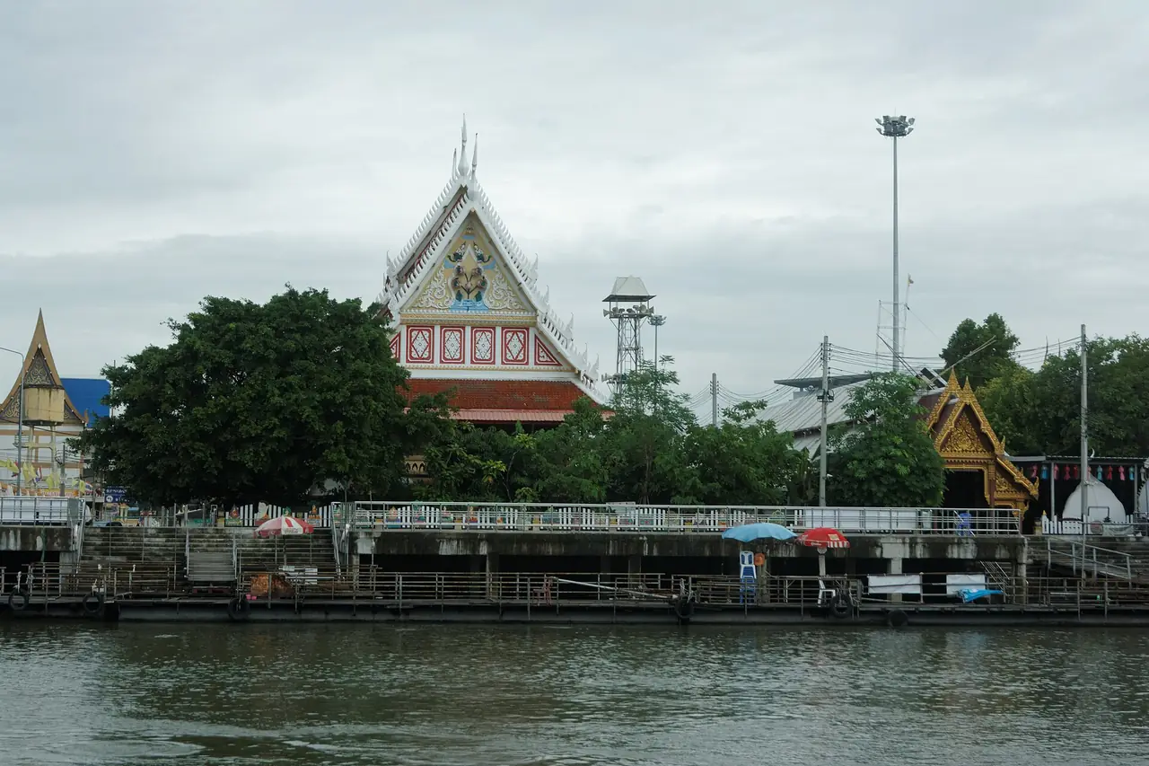 วัดไร่ขิงมองจากแม่น้ำท่าจีน ภาพของ Ahoerstemeier จาก Wikimedia Commons ใบอนุญาต CC BY-SA 4.0
