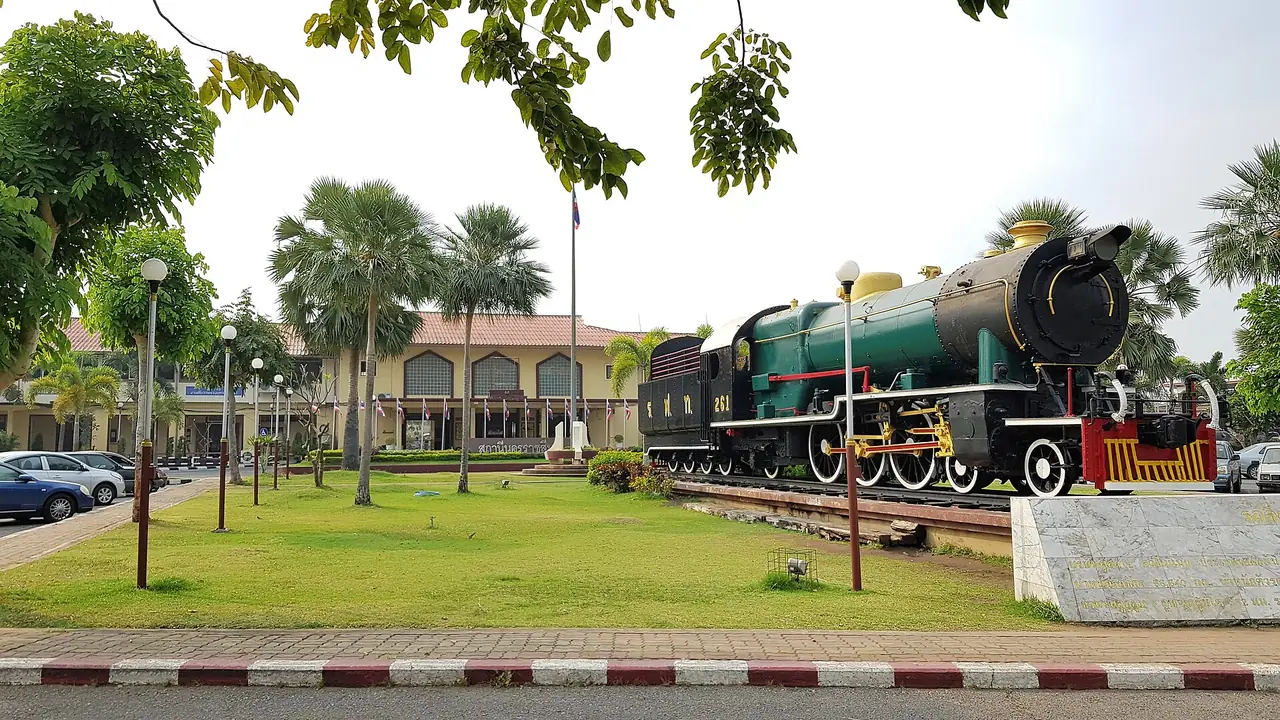 Nakhon Ratchasima railway station, with a steam locomotive on display at the front