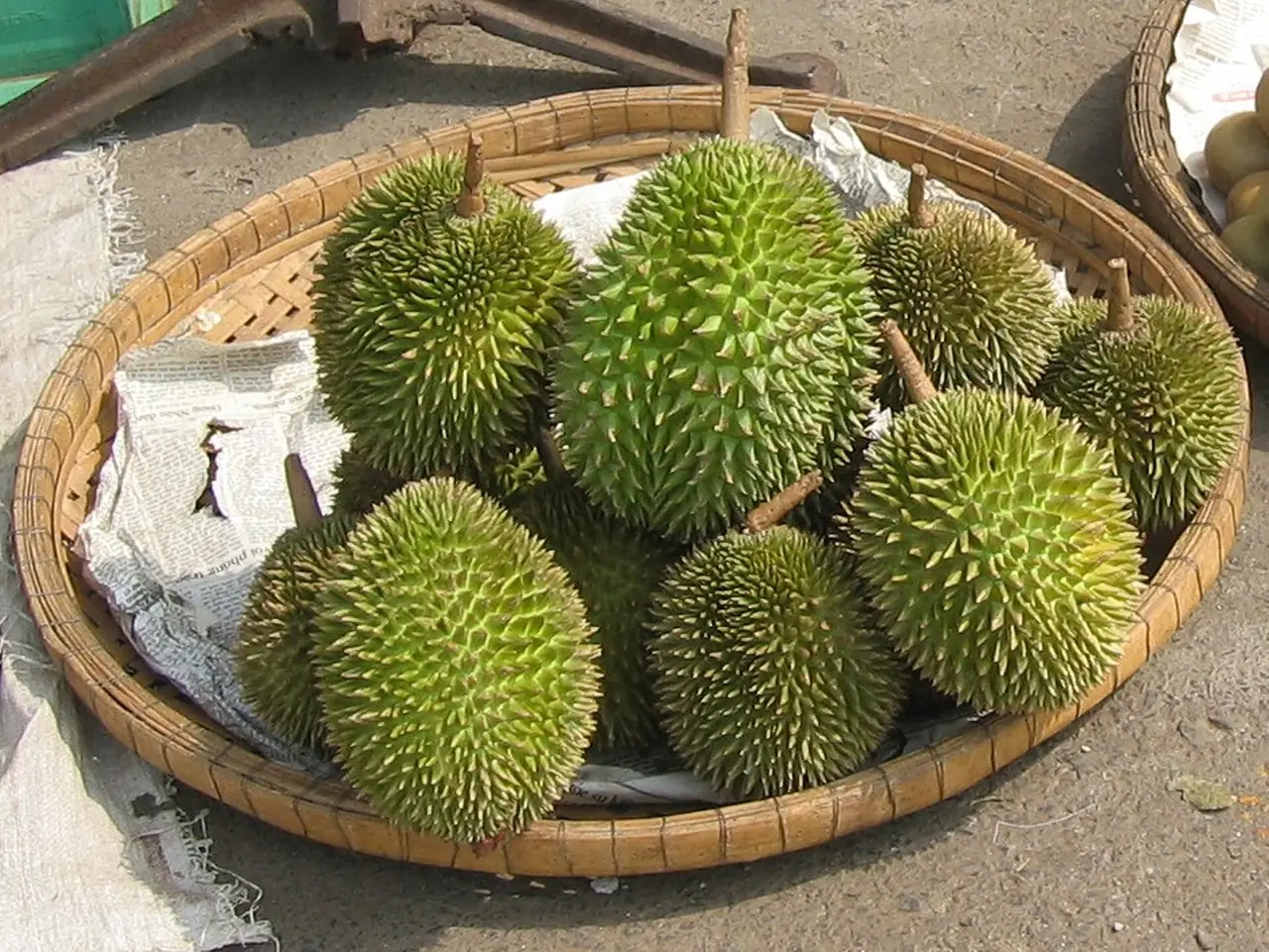 ทุเรียนวางขายที่ตลาดในประเทศไทย ภาพประกอบทั่วไป ไม่ใช่สวนหรือแผงในนนทบุรี ภาพของ Grossbildjaeger จาก Wikimedia Commons ใบอนุญาต CC BY-SA 3.0 Commons