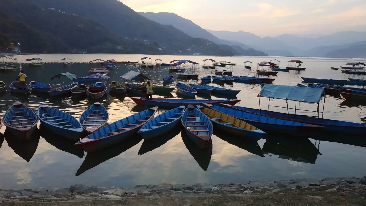 เรือพายสีน้ำเงินจอดริมทะเลสาบเผวา ภาพจาก Wikimedia Commons ผู้ถ่าย Anuja Sharma สัญญา CC BY-SA 4.0 ไม่ระบุปีที่ถ่ายในคำบรรยายภาพ