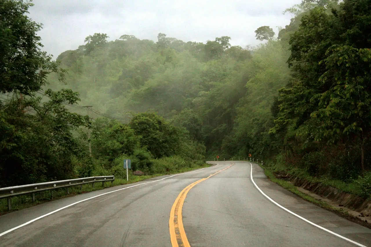Highway 12 winding through misty forest in the Nam Nao National Park area
