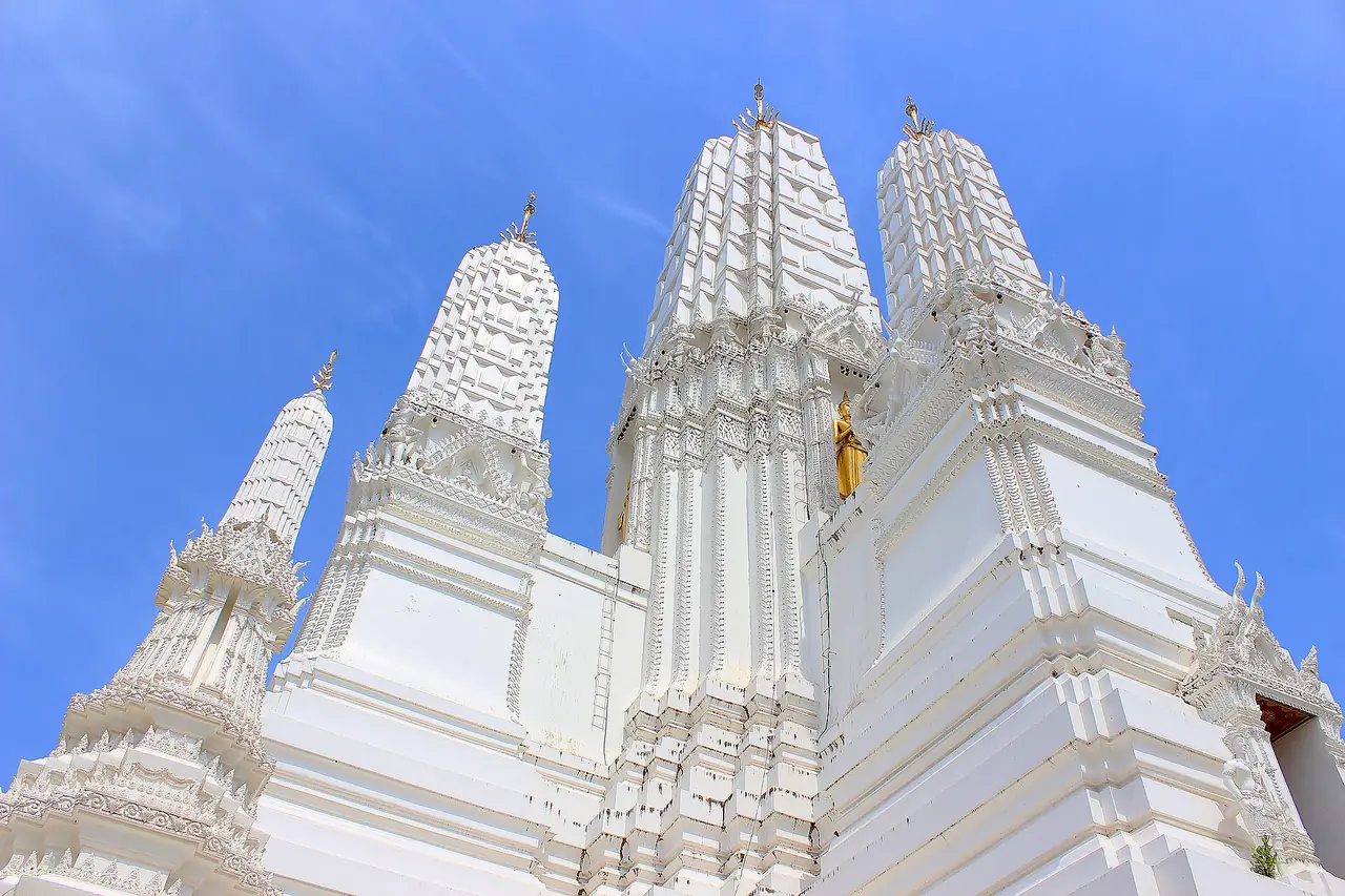 The five white spires of the prang at Wat Mahathat Worawihan, Phetchaburi