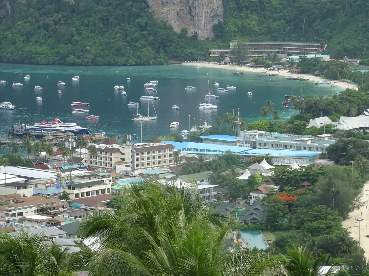 Ton Sai Bay and the pier seen from the viewpoint above the village, with the narrow middle of the island below