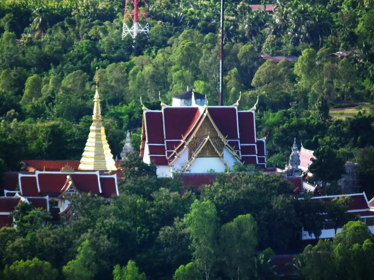 มุมสูงเห็นเจดีย์ทองและหลังคาวิหารท่ามกลางป่าเขียวใกล้วัดพระธาตุช่อแฮ ภาพของ Thammanoon chamnansin จาก Wikimedia Commons ใบอนุญาต CC BY-SA 3.0 ไฟล์ตั้งชื่อว่าวัดพระธาตุช่อแฮ ไม่ได้ระบุจุดถ่ายที่แน่ชัด