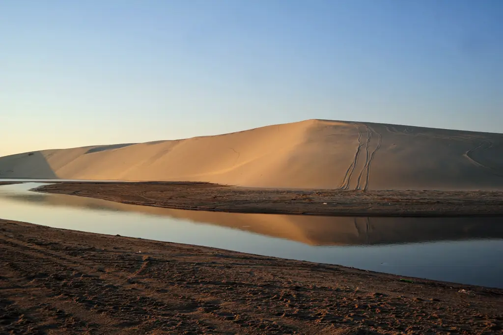เนินทรายและแอ่งน้ำนิ่งยามเย็น มีรอยล้อรถบนเนิน ภาพจาก Wikimedia Commons ผู้ถ่าย Steven Byles สัญญา CC BY-SA 2.0 ภาพแนวชายฝั่งทะเลทรายทางใต้ ไฟล์ไม่ระบุตำแหน่งแน่ชัด