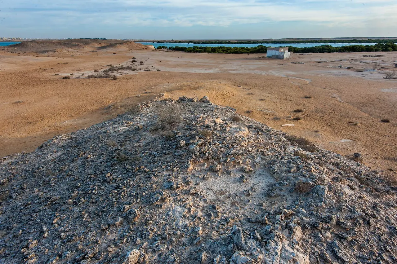 เนินหินปูนบนเกาะ Al Khor Island มองเห็นน้ำไกล ๆ ภาพจาก Wikimedia Commons ผู้ถ่าย Alex Sergeev สัญญา CC BY-SA 3.0