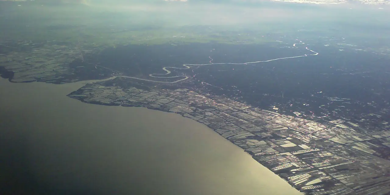 Aerial view of the Mae Klong river mouth and the coast of Samut Songkhram