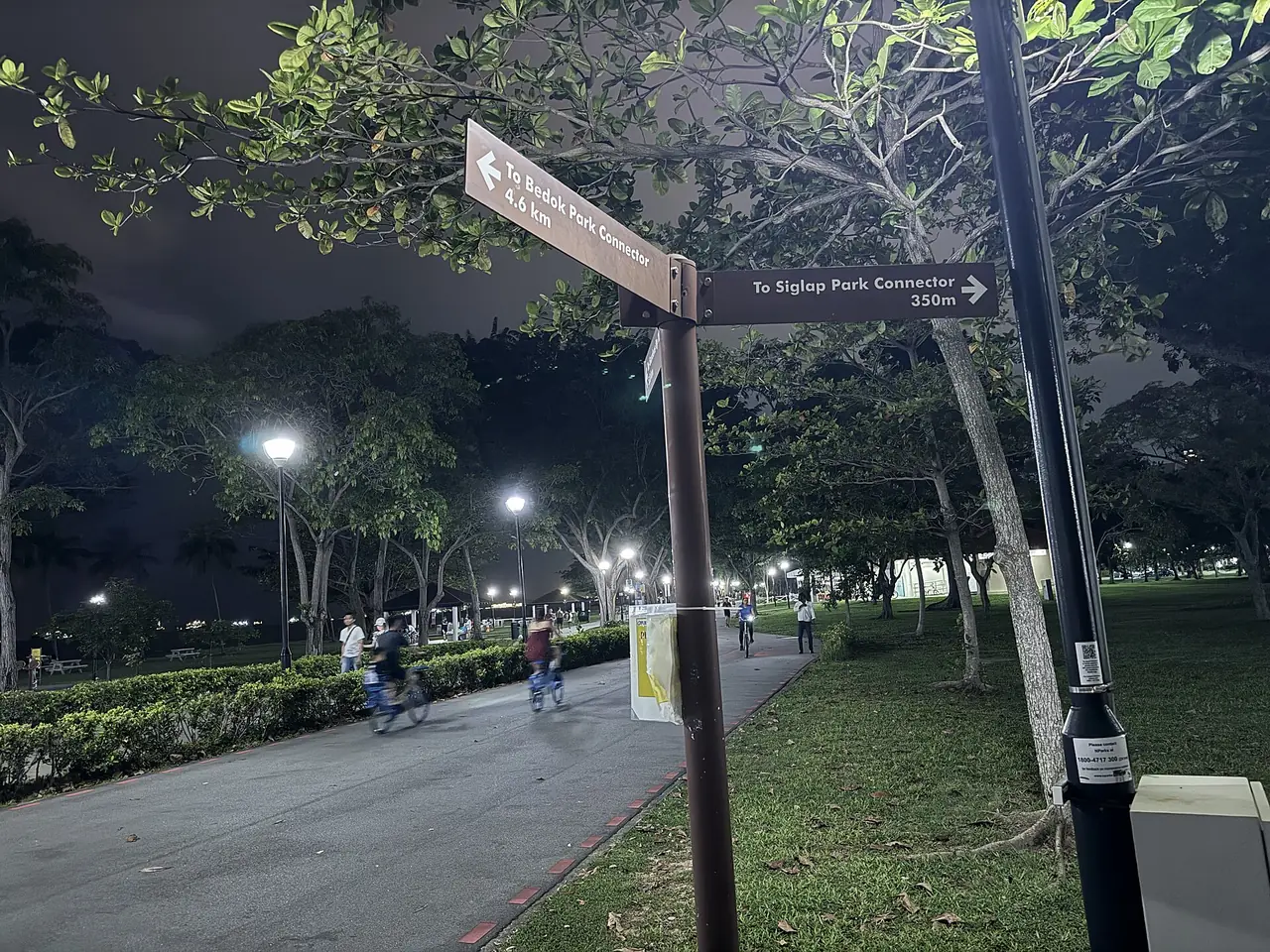 ป้ายบอกทางจักรยานของ Park Connector ในเวลากลางคืนที่ East Coast Park ภาพจาก Wikimedia Commons ผู้ถ่าย LN9267 สัญญา CC BY-SA 4.0 ถ่ายปี 2567