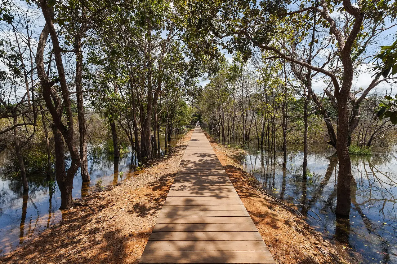 นาคพัน (Neak Pean) เกาะกลางสระ ทางเดินไม้ยาวเข้าไป